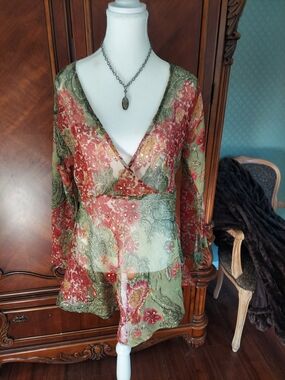 Sheer Floral V-Neck Tunic Top in Green & Red